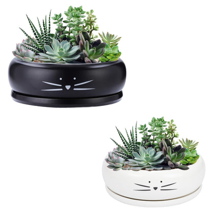 Koolkatkoo 8 Inch Cat Ceramic Succulent Planter Pot with Drainage Hole and Tray Flower Pot for Indoor and Outdoor Plants Round Shallow Planter Gifts for Cat Lovers