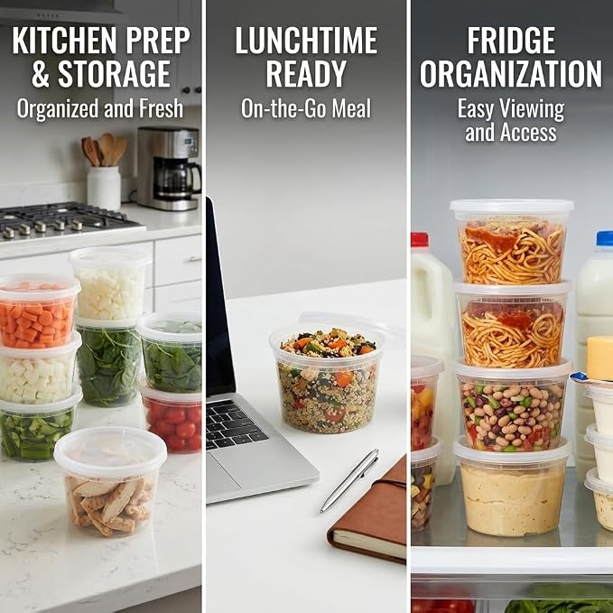 Mr Miracle Deli Containers with Lids - 24 Pack of 16 oz Clear Airtight Reusable Plastic Food and Multi-Purpose Containers - Microwave, Freezer, and Dishwasher Safe