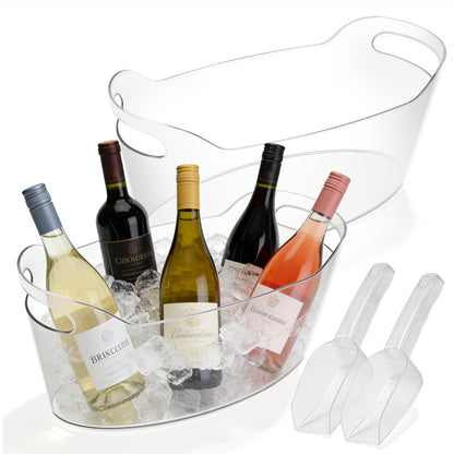 Berverra 6.5L Plastic Ice Buckets for Parties, 2-Pack Large Ice bucket Clear Beverage Tub Ice Container with Scoops, Champagne Bucket and Drink Buckets for Wine,Beer,Cocktails and Bar Supplies