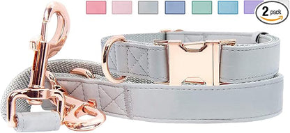 Soft Leather Dog Collar and Leash (6.6') Set - Stylish Rose Gold Heavy Duty Metal Buckle, 4 Adjustable Lengths Leash for Small Medium Large Dogs - Comfortable & Easy to Clean Grey XS(8"-12")