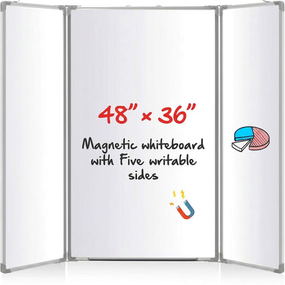 AmazingSpark 48” x 36” Foldable Whiteboard Dry Erase Board Large Tri Folding Whiteboard Magnetic Dry Erase Board, Wall Aluminium Frame and Pen Tray for Office, Home