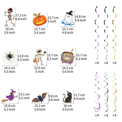 30Pcs Halloween Hanging Swirl Decorations Pre-Assembled Ceiling Streamers with Ghost Pumpkin Spider Skull Cutout Decor for Halloween Birthday Party Baby Shower Office School Home Decorations