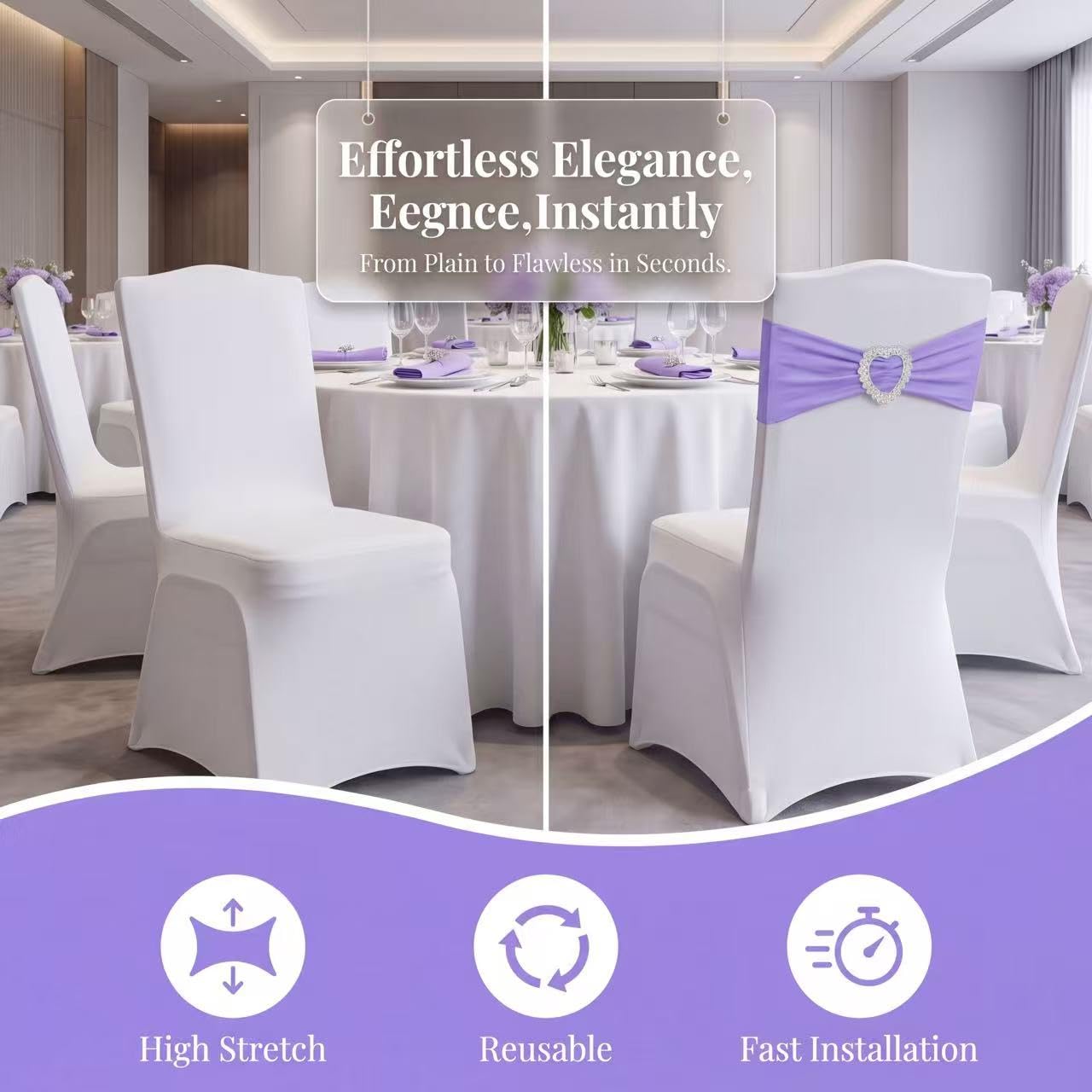 Arkrmce 150 Pieces Chair Sashes & Bows - Stretch Spandex Chair Cover Band with Buckle for Wedding, Hotel Banquet, Birthday Party & Home Bulk Decorations (Purple)