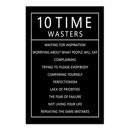 Inspirational 10 Time Wasters Wall Art for Office Motivational Positive Quote Canvas Poster Wall Decor Paintings Wooden Framed Artwork Living Room Bedroom Home Decoration Ready to Hang [24''W x 36''H]