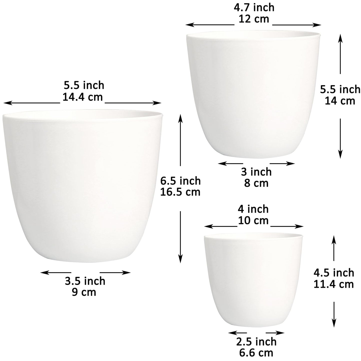 Youngever 6 Pack 4.5 Inch, 5.5 Inch, 6.5 Inch Plastic Planters Indoor Flower Plant Pots Combo (White)