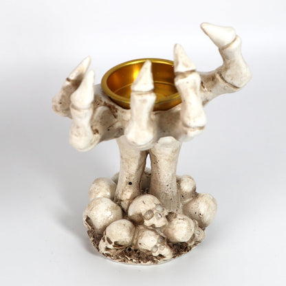 Halloween Gothic Skeleton Hand Candle Holder – Resin Skeleton Hands Decor for Rings, Necklaces, Bracelets, and Taper Candles – Spooky Skull Hand Organizer & Dark Home Office Decoration (White)