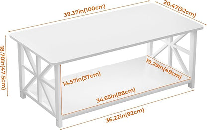 GreenForest Coffee Table for Living Room with Round Corners Farmhouse Style Center Table with Storage Shelf 39 Inch Space Saving Easy Assembly Full White