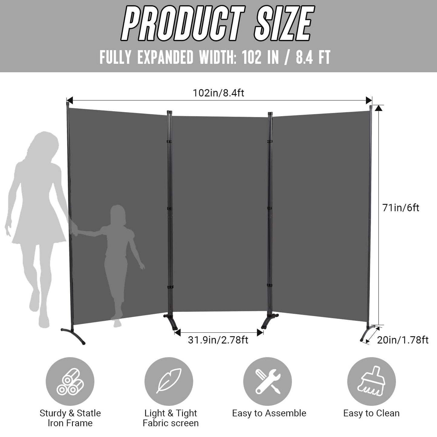 3 Panel Folding Room Divider, 102" Wx71.3 H Portable Privacy Screen, Grey
