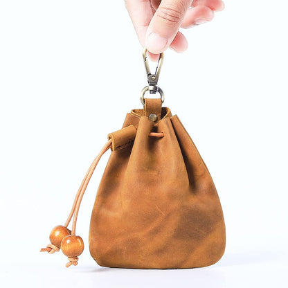 Wugebud 1 Pcs Leather Mini Medieval Pouch Keychain, Coin Organizer, Change Holder, Leather Drawstring Pouch for Men & Women