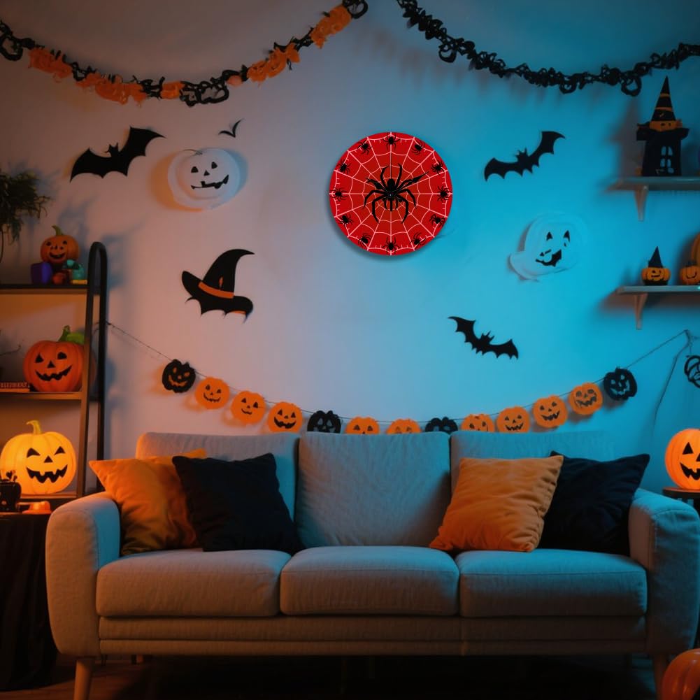 CHGCRAFT Halloween Spider Pattern Wall Clock 12 Inch Non-Ticking Spider Web Clocks Round Wall Hanging Clock Battery Operated for Bedroom Living Room Kitchen Office