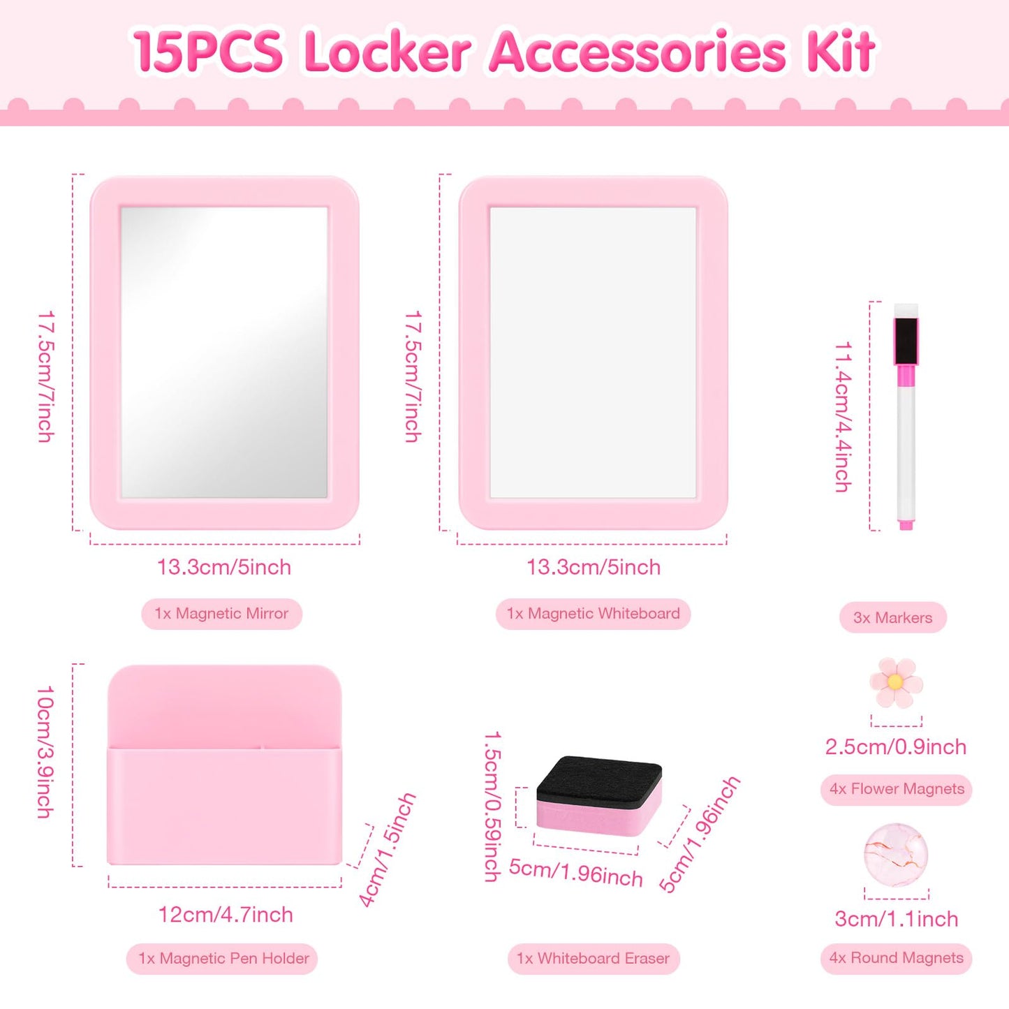MoKo Locker Accessories Set, 15PCS Back to School Supplies Includes Magnetic Mirror, Whiteboard, Markers, Pen Holder, Magnets, Locker Organizer for School Office (Pink)