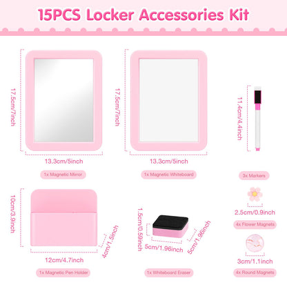 MoKo Locker Accessories Set, 15PCS Back to School Supplies Includes Magnetic Mirror, Whiteboard, Markers, Pen Holder, Magnets, Locker Organizer for School Office (Pink)