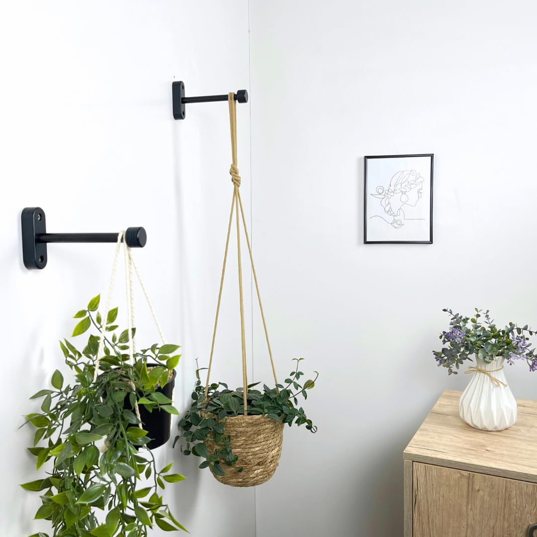 EvenWood 2-Piece Set of Wooden Plant Hooks for Wall with Sturdy Metal Tube - Plant Wall Hanger for Pots, Flower Brackets - Bracket Plant Hanger for Indoor and Outdoor Decorations (Black, 6 Inch)