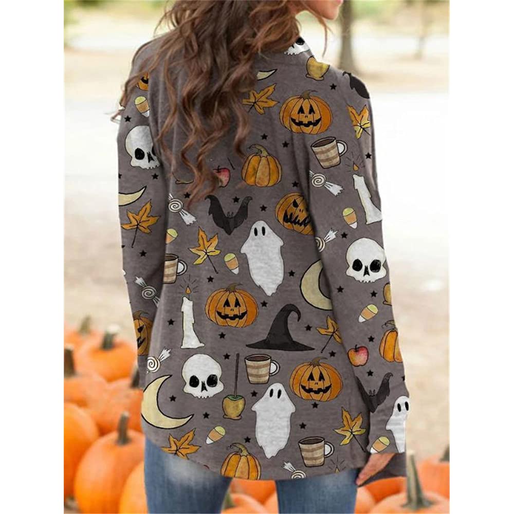 Women's Halloween Pumpkin Cat Print Knitting Cardigan Long Sleeve Open Front Knitted Sweater Outwear Coat Tops (Light Gray, Large)