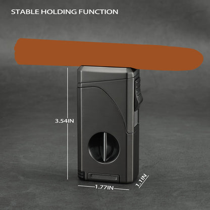 All in One Triple Jet Flame Butane Torch Lighter Built-in Cutter, Cutter V Cut, Punch, Holder Function, Draw Enhancer Tool, Refillable Windproof Gas Lighter, Mens Gifts. Grey(Sold Without Gas) ﻿