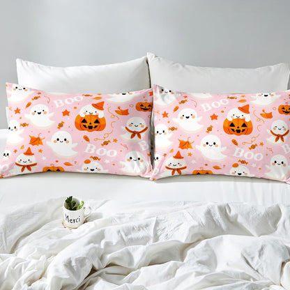 Feelyou Pink Halloween Fitted Sheet Cartoon Pumpkin Lantern Ghost Full Size Bedding Set Decoration for Kids Boys Girls Pink Sheets Set Happy Halloween Bed Sheet Set Collection