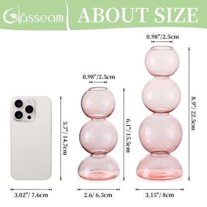 Glasseam Cute Pink Flower Vase, Unique Handmade Glass Vase for Flowers, Aesthetic Small Bud Vase Decor, Modern Ball Round Decorative Propagation Vases for Living Room Dining Table Decorations