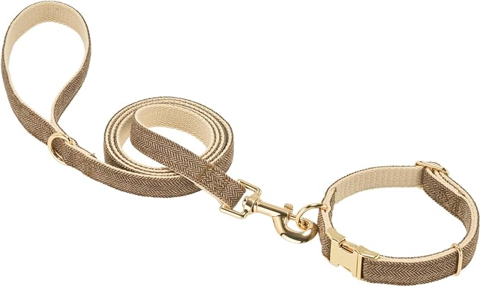 Luxury Soft Cotton Tweed Fabric Dog Collar & Leash Set with Gold Buckle – Durable Fabric, Stylish Design for Everyday Walks(Small Coffee)