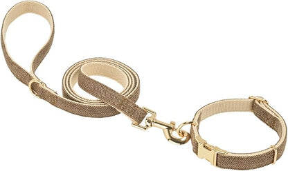 Luxury Soft Cotton Tweed Fabric Dog Collar & Leash Set with Gold Buckle – Durable Fabric, Stylish Design for Everyday Walks(Small Coffee)