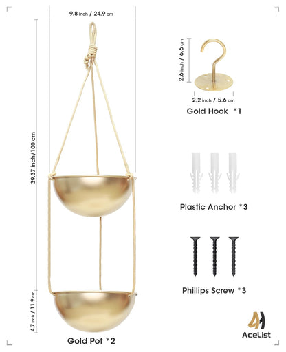 AceList 2 Pack Gold Hanging Planter for Indoor Plants - 9.8 Inch Boho Metal Plant Hanger Indoor with Hooks, Window Hanging Planters for Balcony and Ceiling