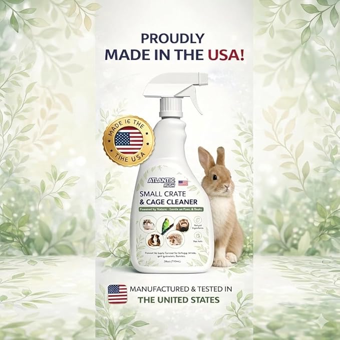 Atlantic Rush Small Animal Cage Cleaner Spray- 24oz Bottle Cage and Crate Cleaner for Guinea Pig, Hamster, Rabbit, Ferret, & Birds- Cage Cleaning Supplies Odor Eliminator