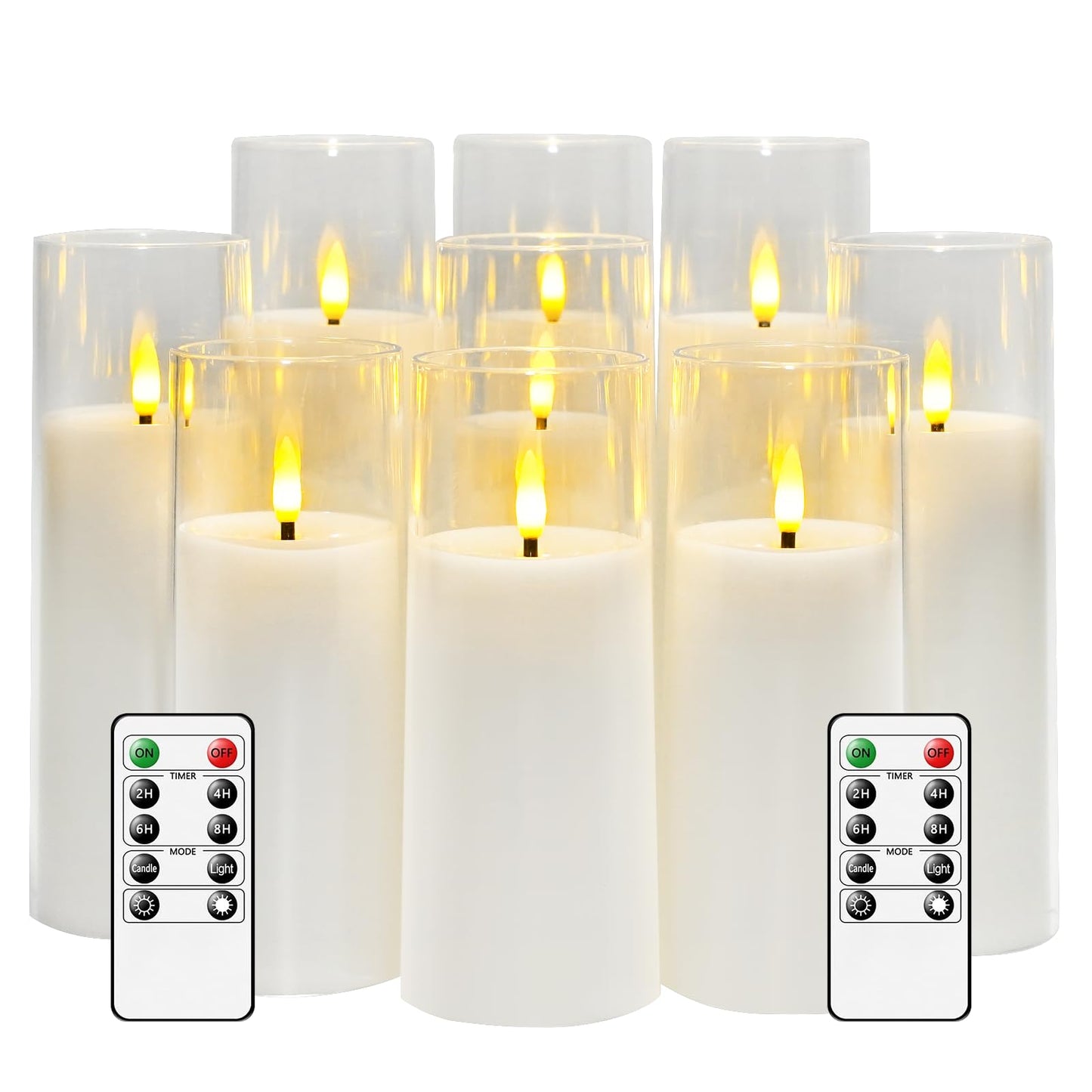 kakoya Flickering Flameless Candles Battery Operated with Remote and 2/4/6/8 H Timer Acrylic Led Pillar Candles Pack of 9 (appr D2.3"xH5.5"6.5"7.5")with Realistic 3D Wick Candles for Home Decor(White)