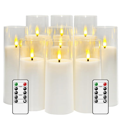 kakoya Flickering Flameless Candles Battery Operated with Remote and 2/4/6/8 H Timer Acrylic Led Pillar Candles Pack of 9 (appr D2.3"xH5.5"6.5"7.5")with Realistic 3D Wick Candles for Home Decor(White)