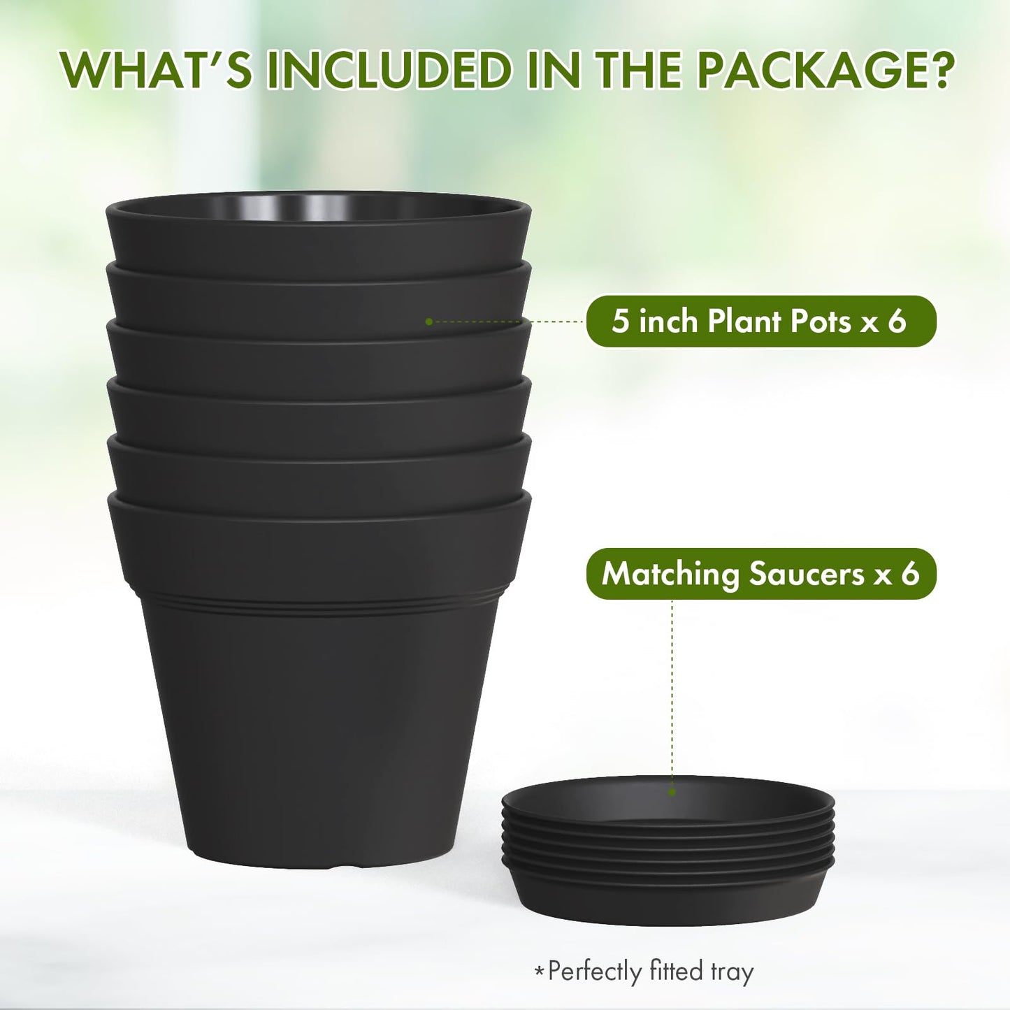 WSMKSZ 5 Inch Plastic Plant Pots with Drainage Holes and Trays – 6 Pack Small Nursery Pots for Indoor & Outdoor House Plants and Flowers, Seedling Starter Planters, Matte Black
