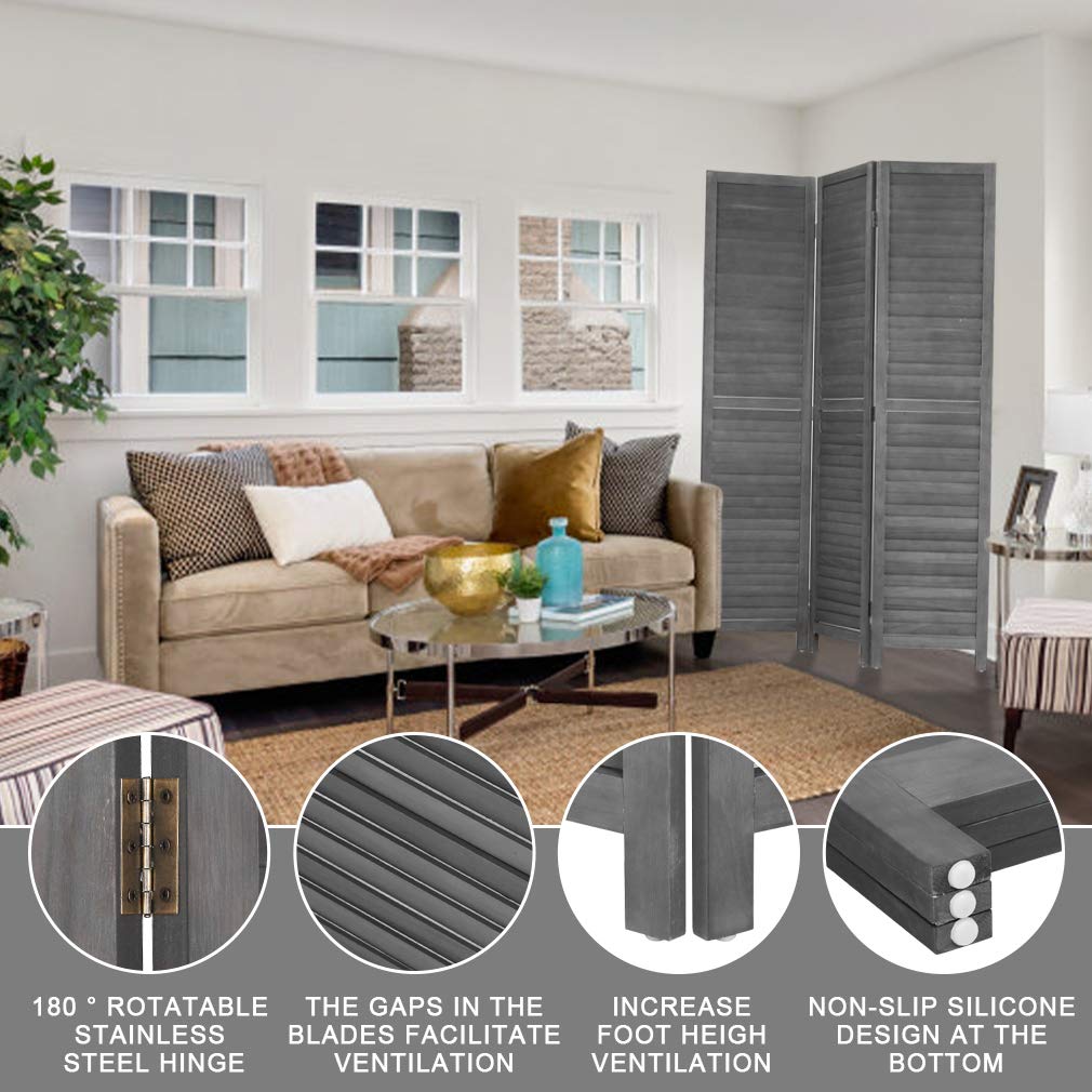 3 Panel Wood Room Divider 5.7 Ft Tall Privacy Wall Divider 67.7" x 16.9" Each Panel Folding Wood Screen for Home Office Bedroom Restaurant （Gray）