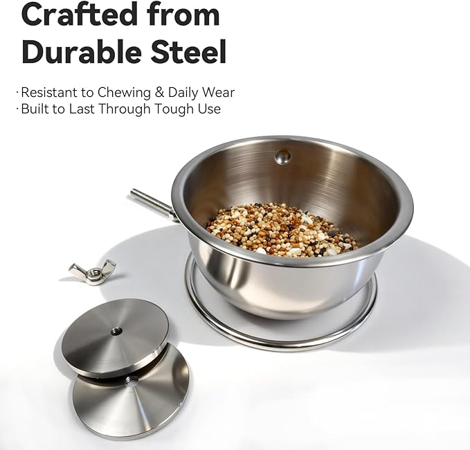 AOTU Anti-Snatch Stainless Steel Parrot Feeding Cups with Locking Buckle - Bird Food & Water Bowls, Bird Cage Accessories for Cockatiel, Conure, Budgie, Macaw, Gray Parrot & Small Pets (L)
