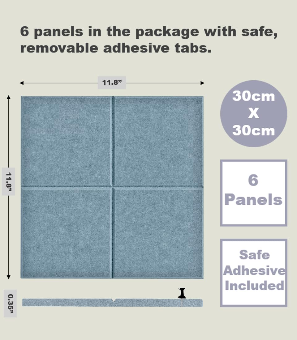 DECORITA Cork Board 24 x36 Alternative - 6 Pack Felt Wall Tiles with Safe Removable Adhesive Tabs, Cork Boards for Walls Home Office Pin Board Tack Board Cork Board - Gray Blue