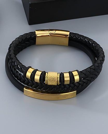 Kim Carrey Italian Handmade Genuine Leather Bracelets for Men Stainless Steel Clip, Men's Casual Genuine Multi-layer Cuff Bracelet, Bracelet Gift for Real Men (Golden)