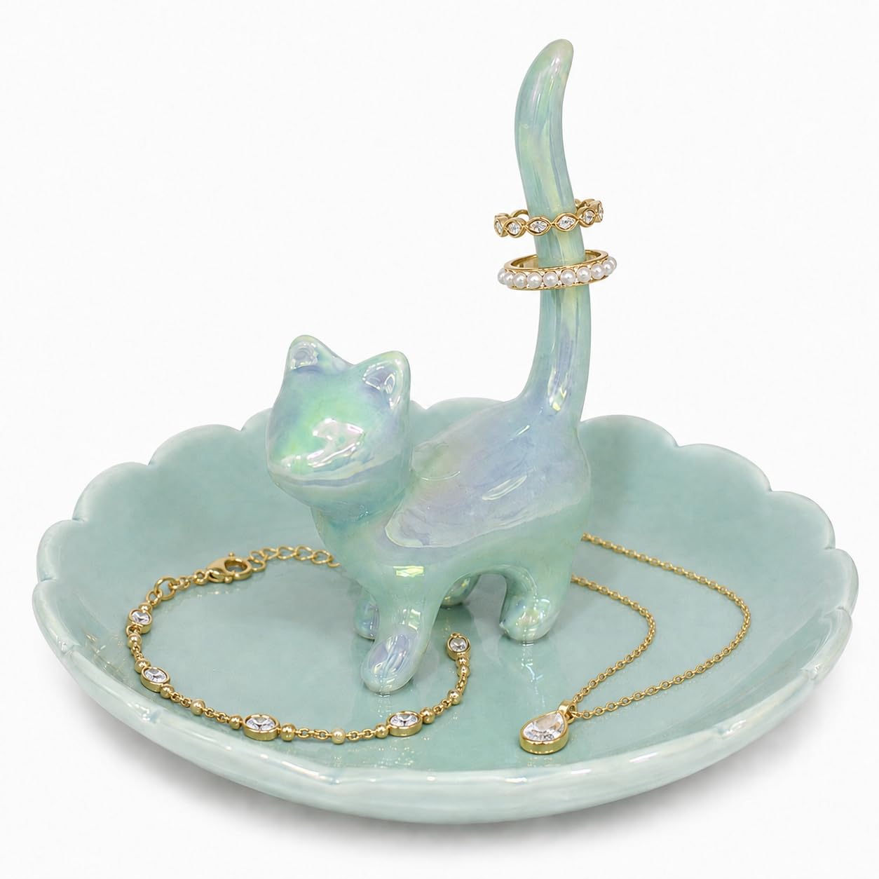 bwszrosa Cat Ring Holder Jewelry Dish–Ceramic Trinket Tray for Rings,Earrings,Necklaces & Bracelets,Cute Cat Jewelry Organizer for Vanity,Nightstand,Dresser,Birthday Gift for Women,Girls Cat Lovers