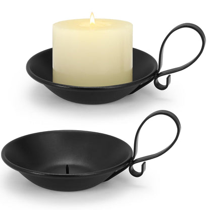 Matte Black Iron Candle Holder with Handle, 2pcs Iron Pillar Candle Holders with Safety Spike for Pillar/Ball Candles, Table Centerpiece Decoration