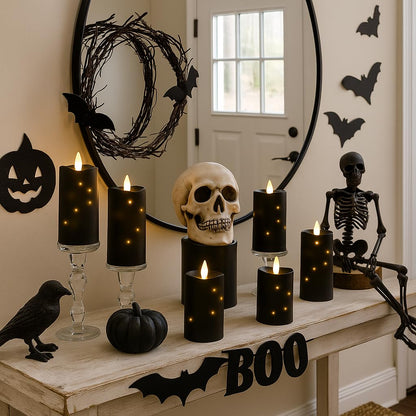 MUMCHASI 5 Packs Flameless Candles, Black Battery Operated Candles, Black LED Candles with Remote, Realistic Flickering Dancing Flame, Outdoor Waterproof for Halloween Party Outdoor Garden