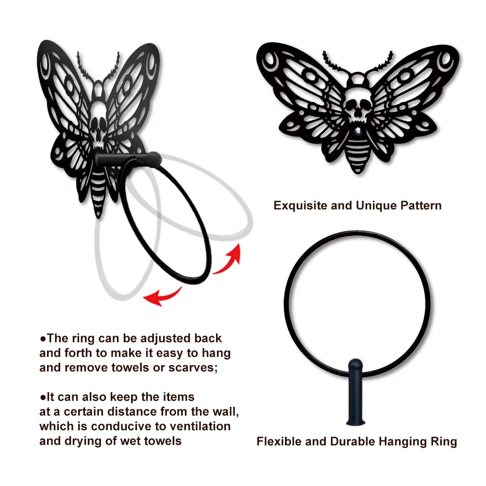 MAYJOYDIY Death Head Moth Metal Towel Ring Halloween Skeleton Insects Towel Holder Bath Towel Ring Black Art Towel Rack for Bathroom Kitchen Towel Hanger Home Decors Gift
