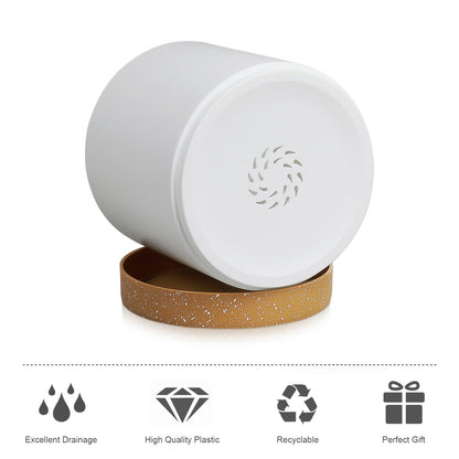 WSMKSZ 5 Pack Cylindrical Flower Pots with 7/6.5/6/5/4 inch, Modern Small Plastic Plant Pots with Drainage Holes & Saucers, Round Planter Pots for Outdoor, Indoor & Office Decor (White Brown)