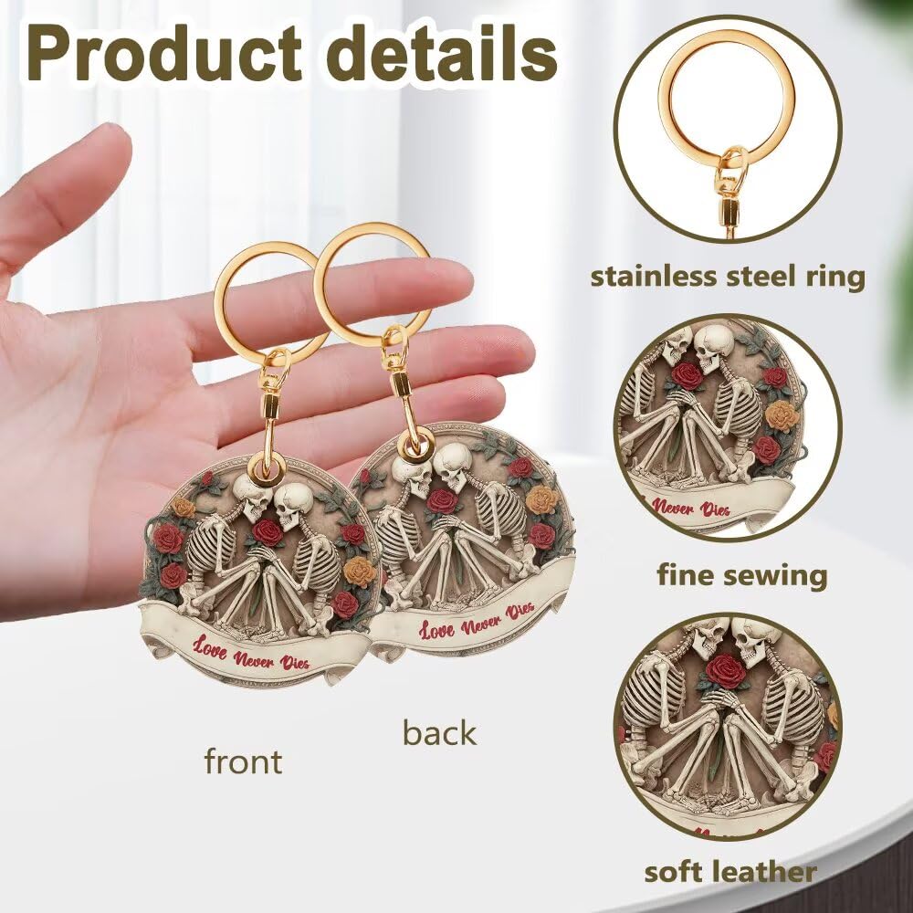 Couple Skull Leather Keychain Holder Compatible with Air Tag, Protective Access Card Cover, Halloween GPS Tracker Case for Pets, Bags, Kids