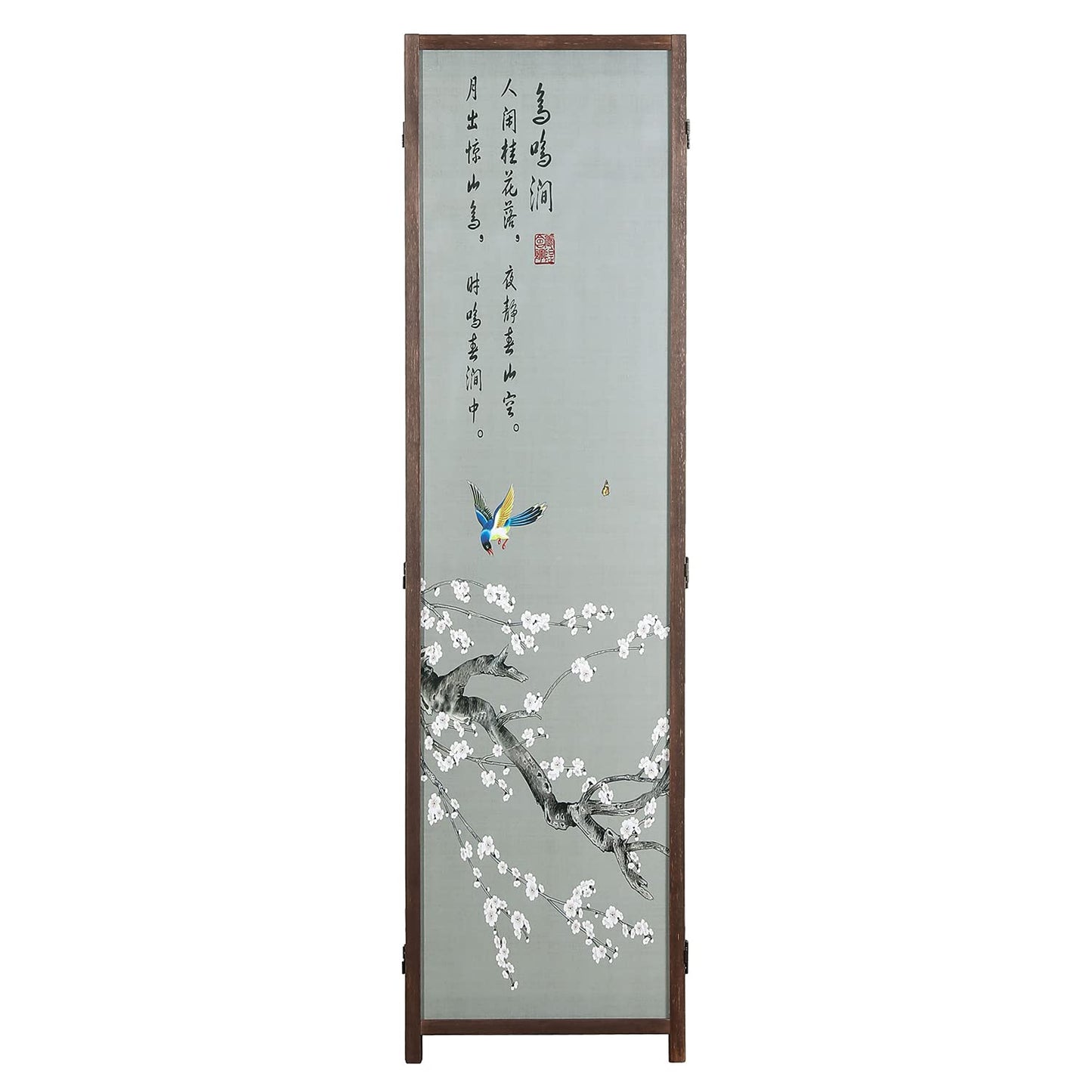 MyGift 4-Panel Asian-Inspired Folding Room Divider with Cherry Blossom Tree & Bird Design Poetry Calligraphy and Brown Wooden Frame 78''W x 70.5''H(6FT)
