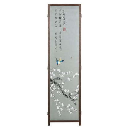 MyGift 4-Panel Asian-Inspired Folding Room Divider with Cherry Blossom Tree & Bird Design Poetry Calligraphy and Brown Wooden Frame 78''W x 70.5''H(6FT)