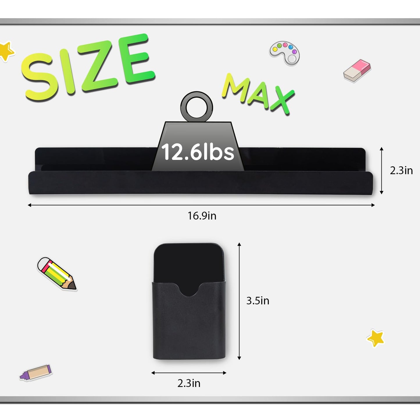 CONIJIWA 2 Pcs Magnetic Book Shelf for Whiteboard with Magnetic Pen Holder, Heavy Duty Acrylic Magnetic Shelves for Classroom Furniture,Office, Refrigerator,School Supplies-Black