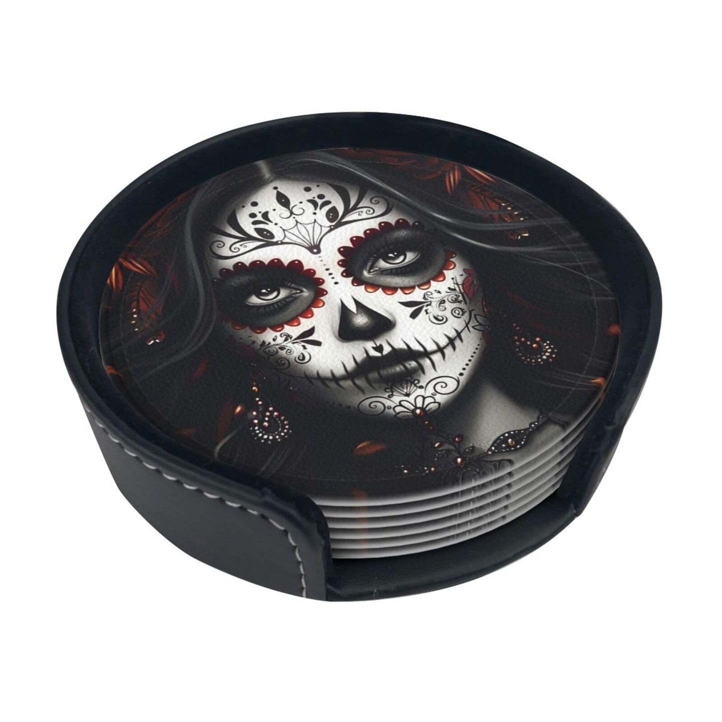 Sugar Skull Coasters with Holder Leather Coasters for Drinks Set of 6 Funny Halloween Drink Coasters Sets for Living Room Kitchen Coffee Bar Holiday Decor