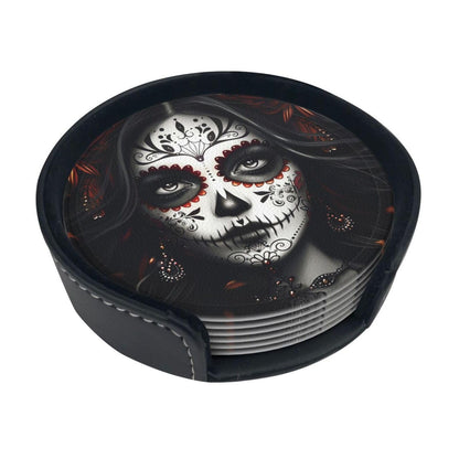 Sugar Skull Coasters with Holder Leather Coasters for Drinks Set of 6 Funny Halloween Drink Coasters Sets for Living Room Kitchen Coffee Bar Holiday Decor