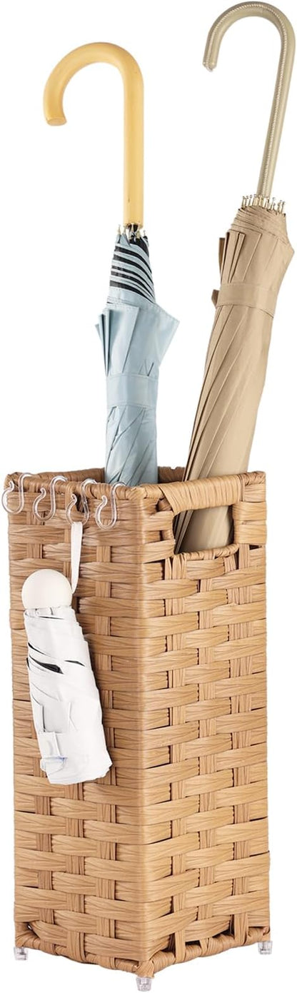Rattan Umbrella Stand, Umbrella Holder for Entryway, Hand Woven Umbrella Rack Organizer Freestanding, with a Detachable Drip Tray, 4 Hooks, 6.5" L x 6.5" W x 16.5" H, Natural