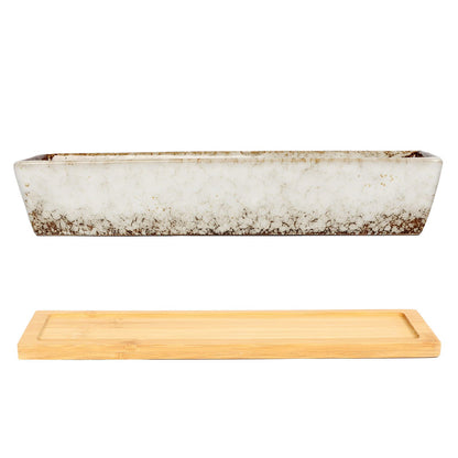 WISH HALLY WOOD 9.8inch White Long Rectangle Ceramic Succulent Planter Pot,one Set of Mini Flower Plant Container with Bamboo Saucers. Product Size:9.8x2.35x1.77 inch,not Include The Plant. (White)