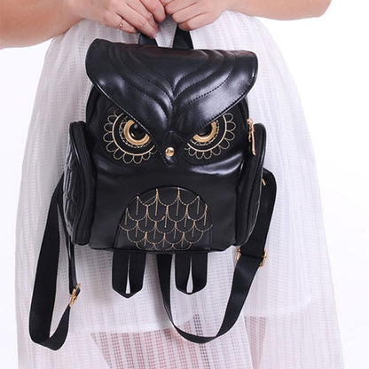 WYSBAOSHU Fashion Owl Backpack Small Casual Daypack for Women Pu Leather Mini Bag (Black)