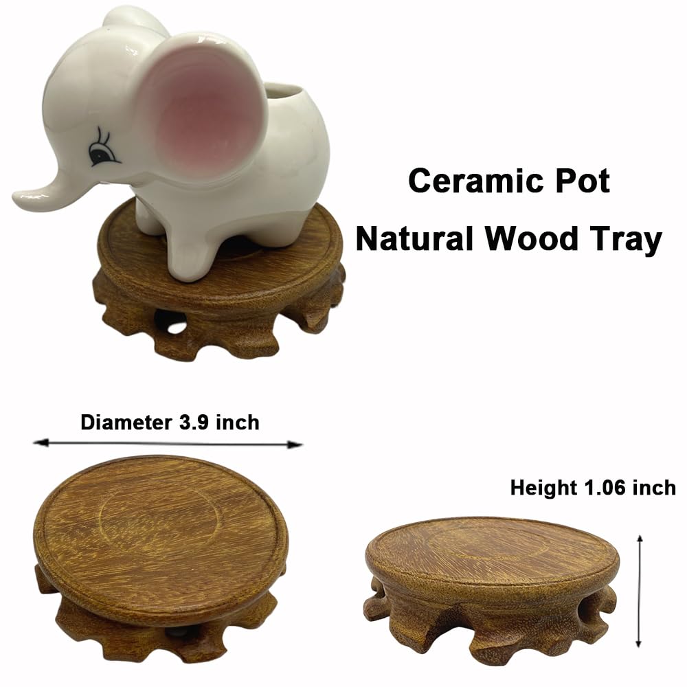 BEECO GIF2U Cute Ceramic Planter Pots,Planters for Indoor Shallow Houseplants Flower and Succulent with Drainage Holes and Wood Tray for Decoration Elephant