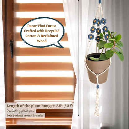 Macrame plant hanger with Daisies | Hanging plant holder | Macrame Plant hangers outdoor and indoor hanging planters Plant stand indoor Boho Decor hanging planter stand/plant shelf (Peacock Blue)