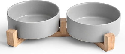 Mowtanco Grey Ceramic Dog & Cat Bowl Set – 13.5 OZ with Wooden Stand, Non-Slip, Elevated Design for Small Dogs & Cats – 2 Bowls (Food & Water, Ceramic Pet Bowls, Modern Dog Bowls)