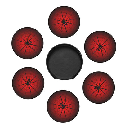 Spider Coasters for Drinks with Holder Leather Coasters Set of 6 Cute Halloween Drink Coasters Sets for Living Room Kitchen Coffee Bar Table